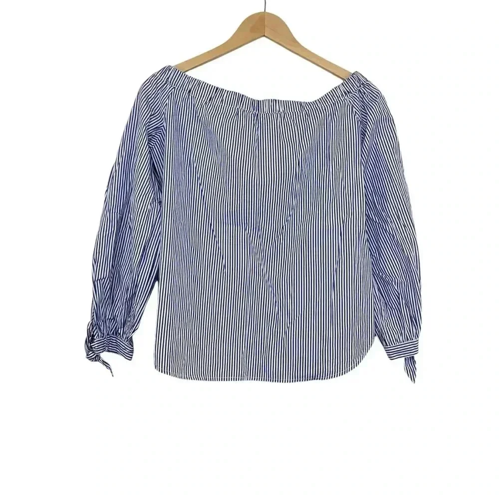 J. Crew Blue Striped Top Size 2 Off Shoulder Embellished